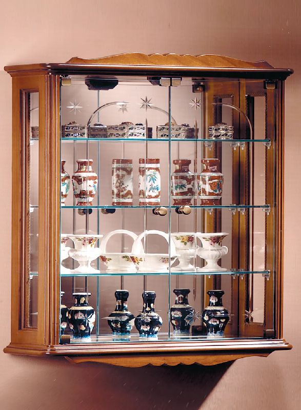 Vitrine murale en bois DV46VA - merisier - 3 tablettes réglables - fond miroir - serrure_0