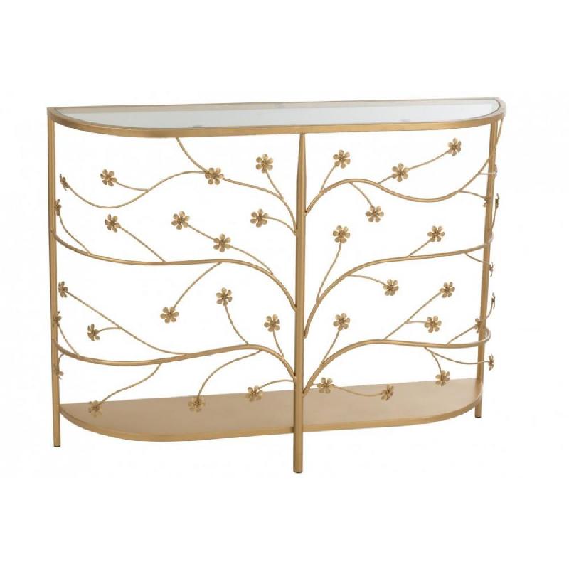 Console demi-lune MELAURE en métal doré - Plateau en verre - Motifs fleuris - L100 x H77 x P24_0