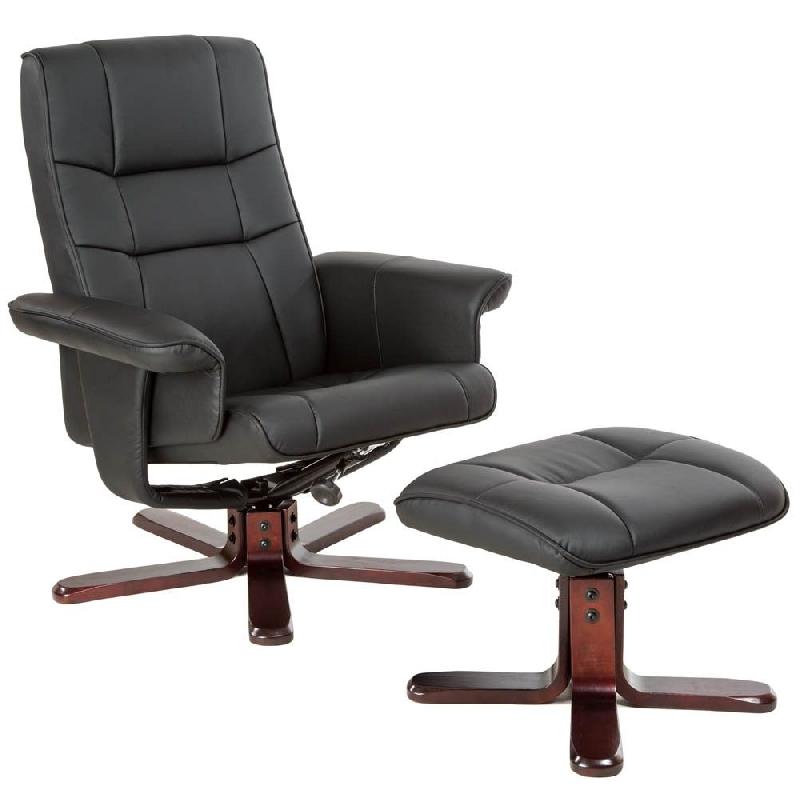 Fauteuil de relaxation lounge détente TV avec tabouret - Noir, pieds marron - Réglable et confortable 08_0000484_0