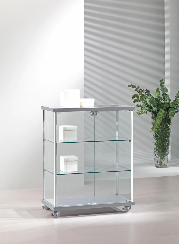 Vitrine comptoir en verre 73-BVA - roulettes, serrures, 2 tablettes amovibles - gris clair_0