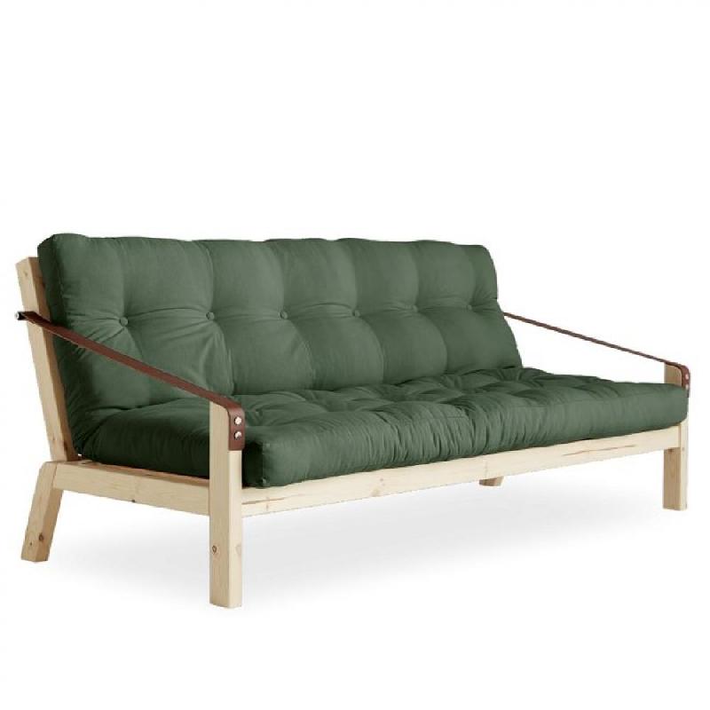 Banquette futon Poetry en pin massif - coloris vert olive - couchage 130 x 190 cm - design scandinave avec accoudoirs en cuir_0