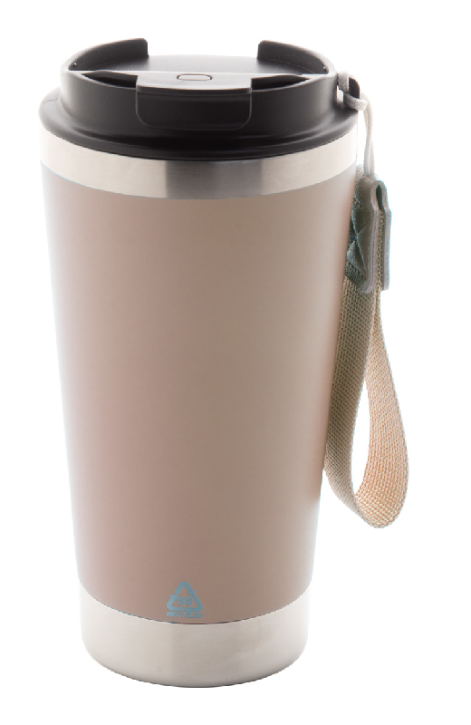Mug thermos isotherme - double paroi en acier inoxydable recyclé - 430 ml avec sangle assortie_0
