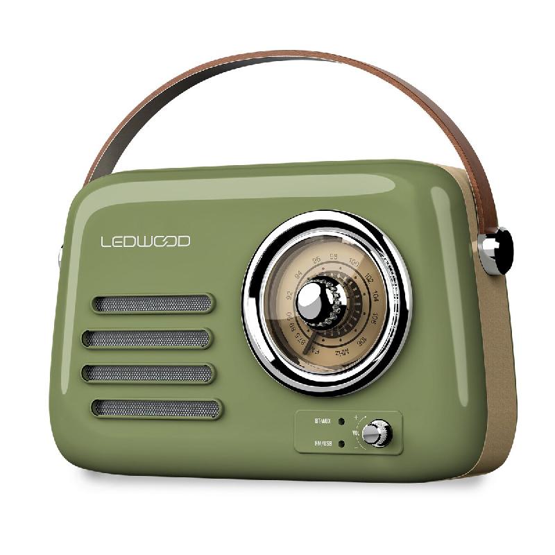 Radio Rétro portable Ledwood ALMA, FM, Bluetooth Entrée USB, Puissance 30W - Batterie 3,7V-1500mAh - Retro Vintage - Vert Olive - 3666630009539_0