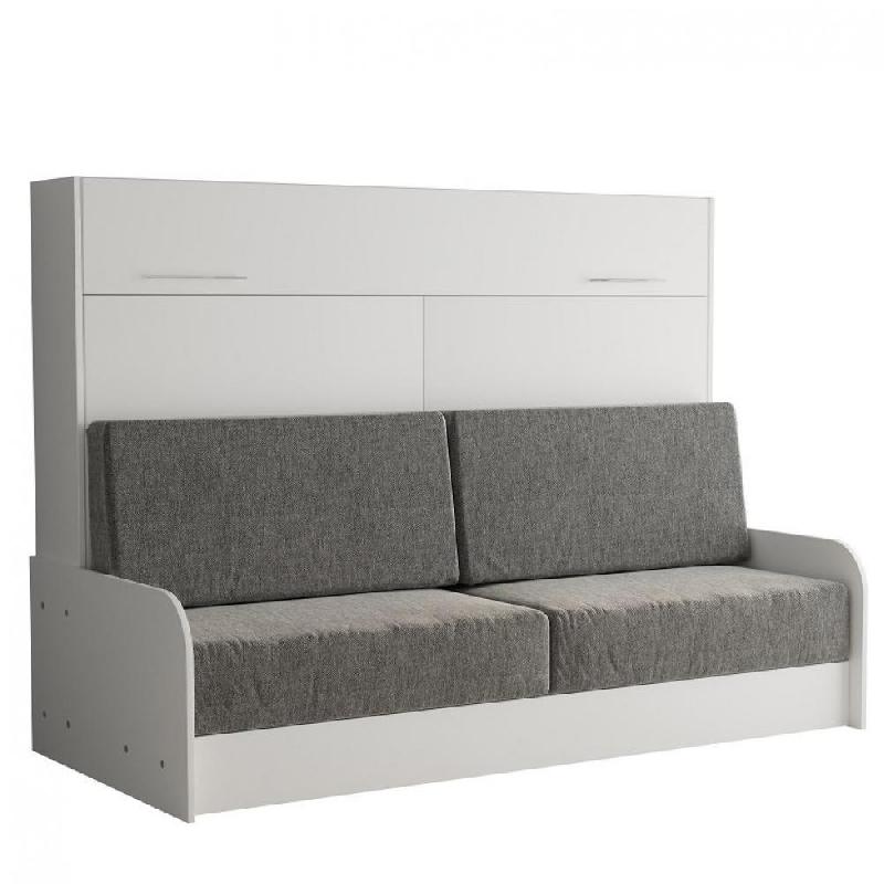 ARMOIRE LIT ESCAMOTABLE VERTIGO SOFA STRUCTURE ACCOUDOIRS BLANC TISSU GRIS 140*200 CM_0