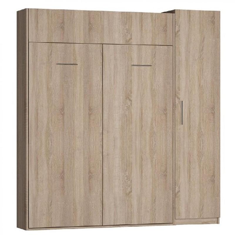 Composition Lit escamotable Dynamo - Chêne naturel avec couchage 140x200 cm et colonne armoire intégrée_0