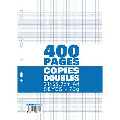 COPIES DOUBLES SEYES - 21X29,7 CM - 400 PAGES - GRANDS CARREAUX - BLANC - 70G - SOUS FILM PLASTIQUE