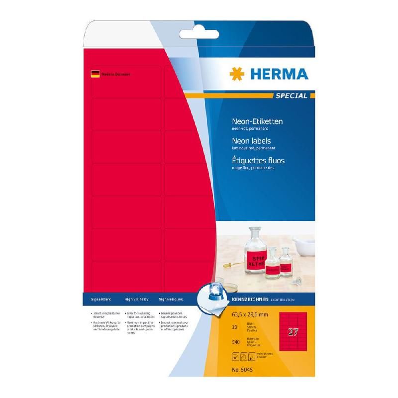 HERMA ETIQUETTES ADHÉSIVES FLUO HERMA - 63,5 X 29,6 MM - ROUGE FLUO - BOÎTE DE 540 ÉTIQUETTES