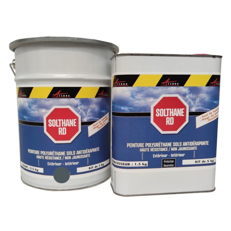 PEINTURE ANTIDÉRAPANTE SOL EXTÉRIEUR ESCALIER BATEAU CARRELAGE BÉTON BOIS MÉTAL SOLTHANE RD - ARCANE INDUSTRIES - GRIS BASALTE RAL 7012 - KIT DE 5 KG