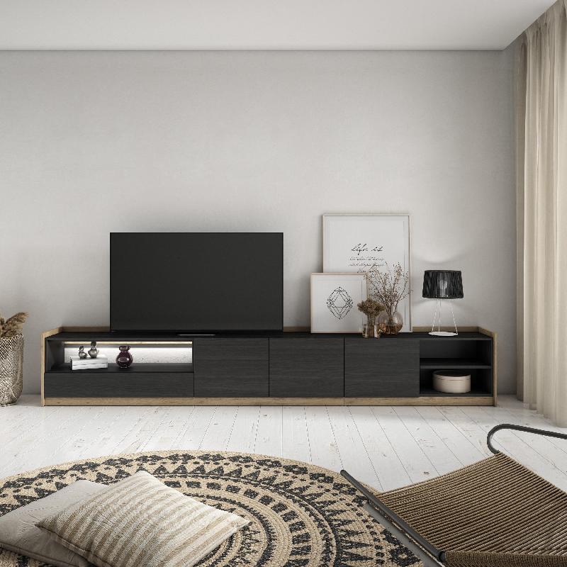 SKRAUT HOME - MEUBLE TV EFFET BOIS NOIR ET CHÊNE 310X37X50CM AVEC LED
