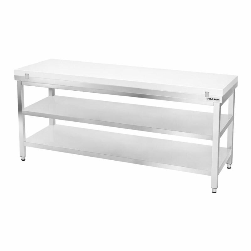 Table de travail en inox 1800x600 mm avec plaque de découpe blanche et 2 étagères PREMIUM - GOLDINOX - gris inox 3701770841318_0