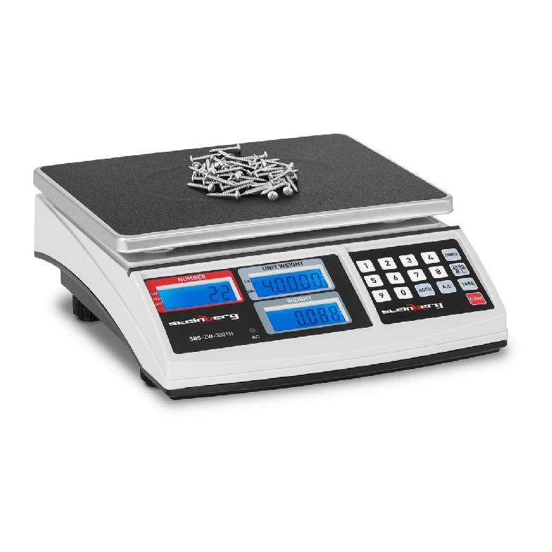 Balance compteuse blanche - 30 kg / 1 g - Matériaux inox et plastique - Alimentation batterie et secteur_0