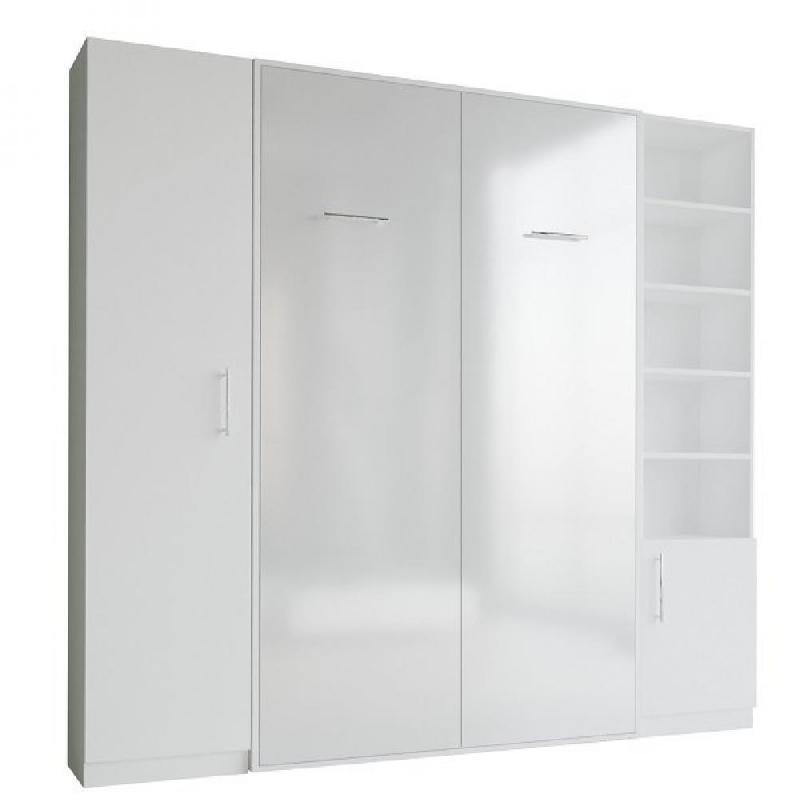 Armoire lit SMART-V2 - Façade blanc brillant effet miroir 140x200 cm avec colonnes blanc mat et rangements intégrés_0