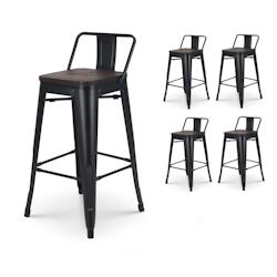 Kosmi Lot de 4 tabourets de bar en métal noir mat style industriel avec dossier et assise en bois foncé - Hauteur 66cm - 3760301690429_0