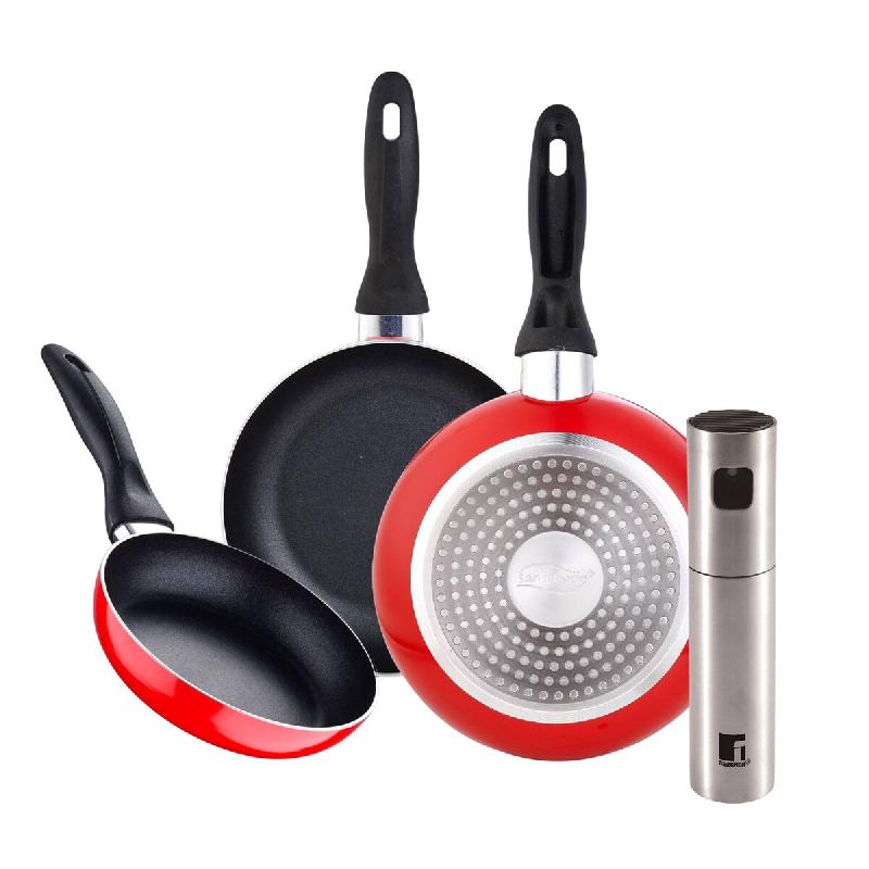 BERGNER - Set de 3 Poêles Ø16/20/24cm aluminium Pressé Compatible Induction Navy Red avec Vaporisateur d’Huile/Vinaigre en Acier Inoxydable Ø4x1_0