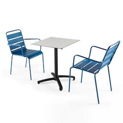 Oviala Business Ensemble table jardin stratifié terrazzo et 2 fauteuils bleu pacific - Oviala - bleu métal 107754_0