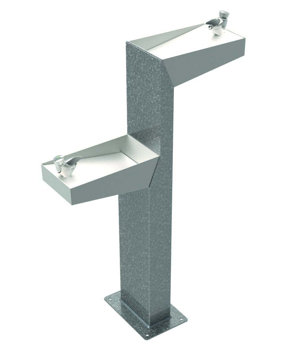 Fontaine d'extérieur - MINUS 18850 - acier époxy gris martelé, bac inox satiné, 2 robinets temporisés, PMR_0