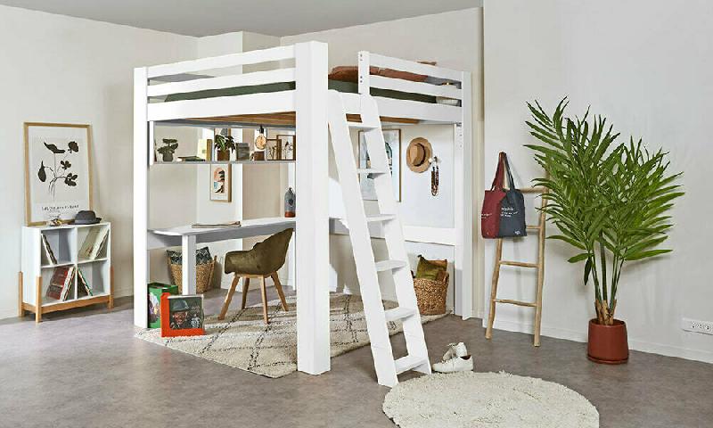 LIT MEZZANINE PALOMAR XL AVEC BUREAU  BLANC 160X200 CM