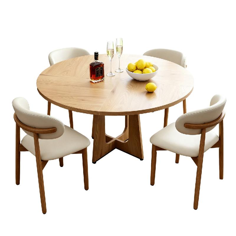 Merax Ensemble repas Ø120 cm avec 4 chaises, table ronde effet chêne, chaises en PU beige et pieds en bois massif - multicolore multi-matériau W119_0