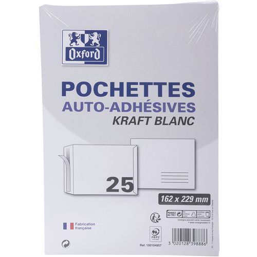 POCHETTES 162X229 90G KRAFT BLANC AUTO ADHÉSIVES - OXFORD