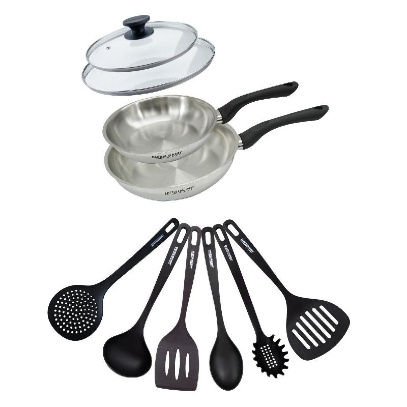 Set 2 poêles 20 et 24 cm en inox, couvercles verre et 6 ustensiles Fackelmann Geneva - gris inox 3176239944297_0