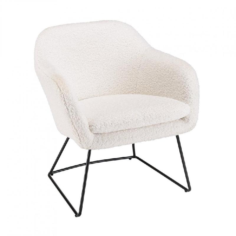 Fauteuil design GOTHY blanc en tissu bouclette - pieds évasés en métal noir_0