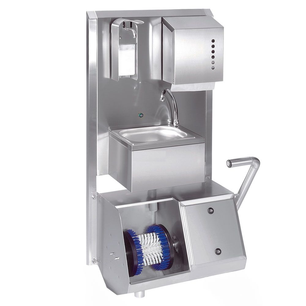 Lave-mains et lave-semelles compact - Centre d'hygiène en acier inoxydable avec brosse-rouleau et distributeurs intégrés_1