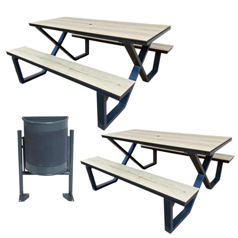 Lot de 2 tables pique-nique HPL design à dégagement latéral + 1 corbeille demi-ronde en acier OFFERTE_0