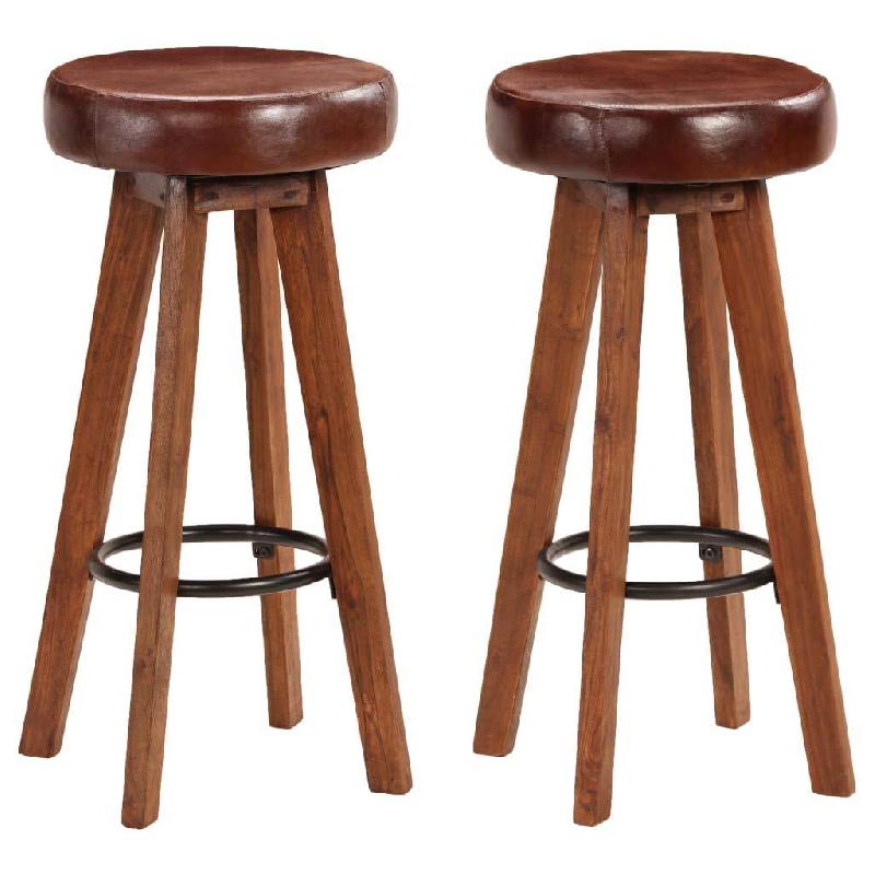 LOT DE DEUX TABOURETS DE BAR DESIGN CHAISE SIÈGE BOIS D\'ACACIA CUIR VÉRITABLE 1202112_0