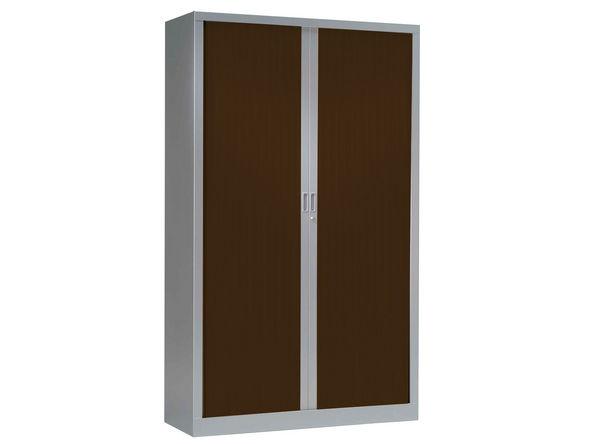 Armoire haute à rideaux en bois - 1200 x 430 x 1980 mm - Gris aluminium et wengé - Monobloc avec 4 étagères_0