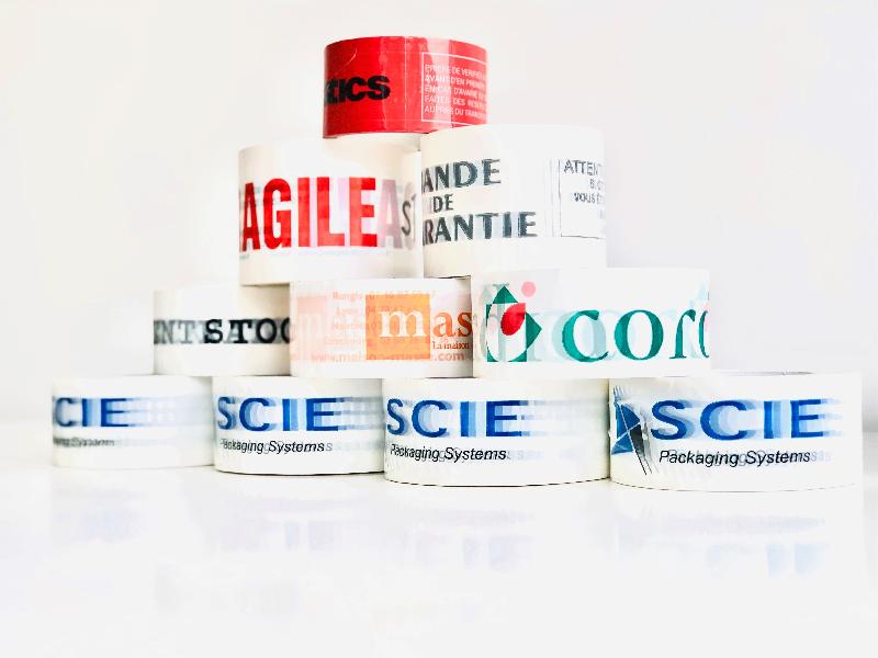 Adhésif personnalisé blanc impression 1 couleur - 338803 – Impression bleue - 75 mm  x 132 m_0