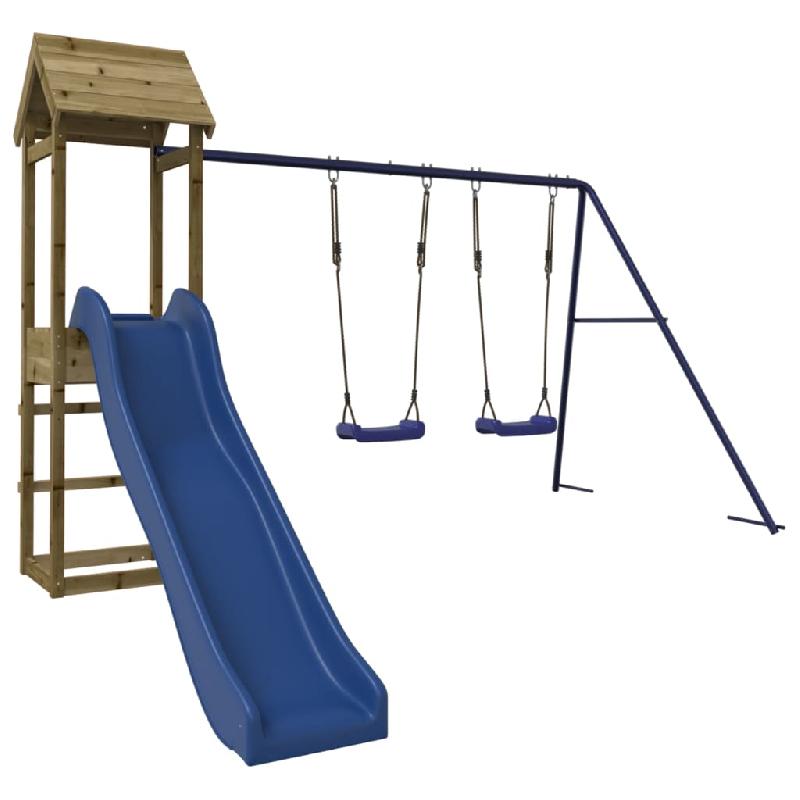 Aire de jeux extérieure robuste en bois de pin imprégné - Balançoires, toboggan, portiques, bac à sable - 308 x 315 x 194 cm - Réf : 02_0004738_0