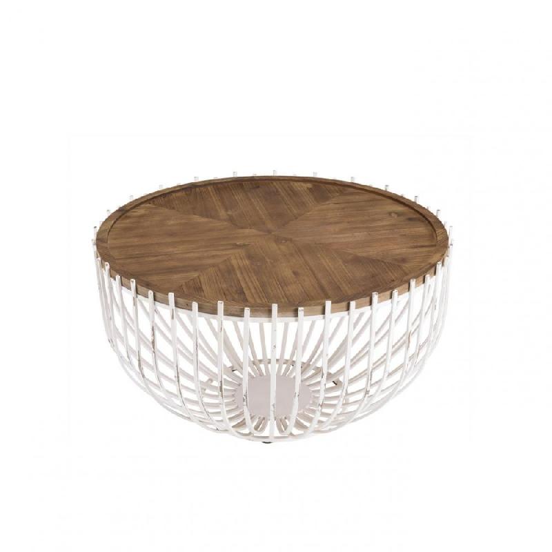 CORVIE  TABLE BASSE RONDE 83*83  AVEC PLATEAU NATUREL ET PIÉTEMENT EN MÉTAL BLANC_0