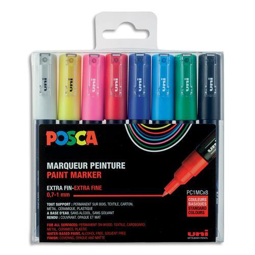 POCHETTE DE 8 MARQUEURS UNI POSCA - POINTE CONIQUE EXTRA FINE 0,7-1MM - COLORIS ASSORTIS