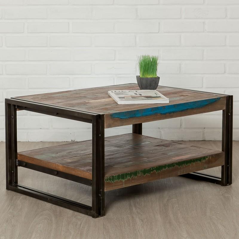 Table basse rectangulaire en teck recyclé industriel - Loft 80 cm marron avec 2 plateaux_0