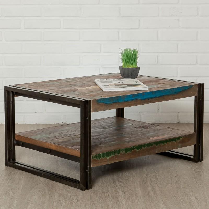 TABLE BASSE RECTANGULAIRE EN TECK INDUSTRIEL LOFT 80CM MARRON_0