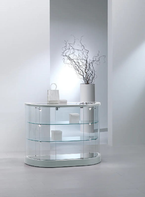 Vitrine d'exposition cylindrique basse-comptoir 209/MBVA - gris clair - semi-ovale en verre trempé_0