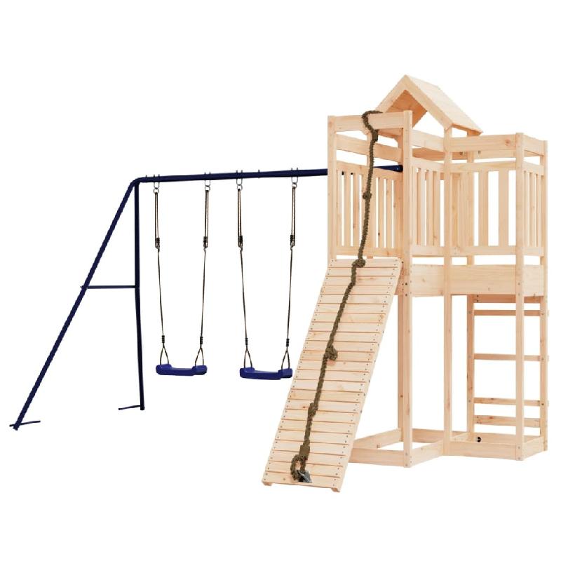 Aire de jeux d'extérieur en bois de pin massif - mur d'escalade, balançoire robuste et jeux de jardin 361 x 282 x 238 cm - Réf. 02_0004784_0