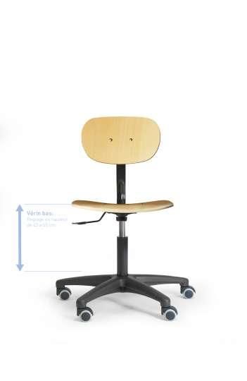 Siège atelier bois - dossier fixe - vérin bas - roulettes sols durs - réf : boisfixvbrs_0