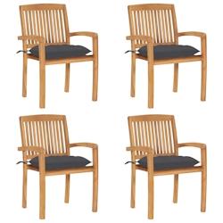 VidaXL Chaises De Jardin Empilables Avec Coussins Lot De 4 Teck Solide - gris 3073255_0