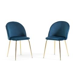 RATTATAN Lot de 2 chaises en velours avec pieds en métal, design élégant pour cuisine, salle à manger, bar ou restaurant – Sara – Bleu/Or - bl_0