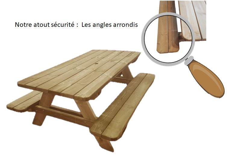 Table de pique-nique en bois massif Provence - Pin du Nord traité autoclave, garantie 10 ans, angles arrondis_0