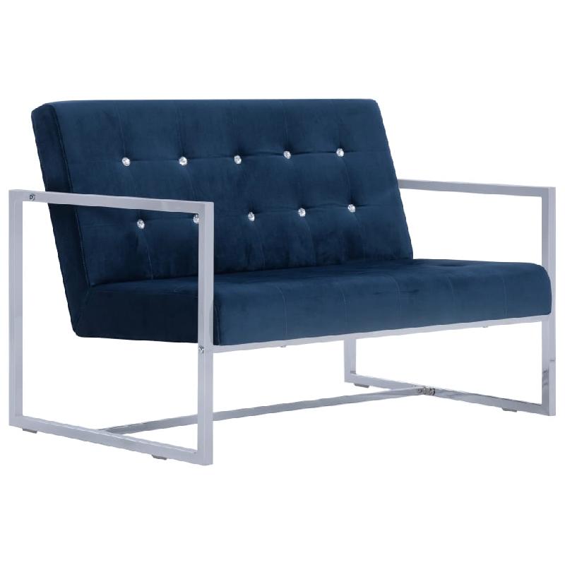 Canapé 2 places en velours bleu avec accoudoirs - Pieds en chrome - 114x78x81 cm - Réf. 02_0020586_0