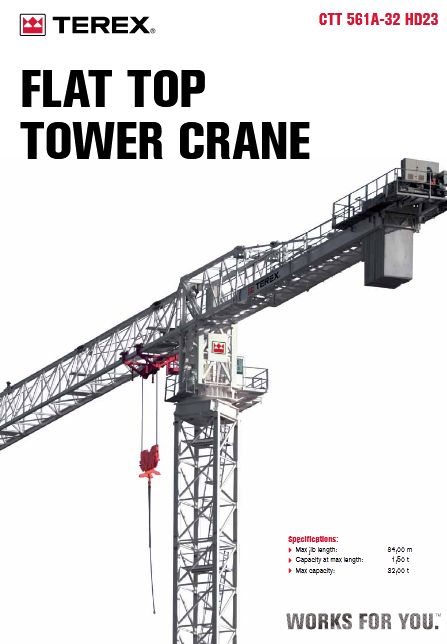 CTT 561A-32 - Grue à tour flat top Terex - capacité de levage max. 32 t (35,3 t US) - flèche 84 m_1