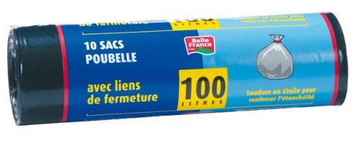 Lot de 10 sacs poubelle 100L - avec liens de fermeture - en polyéthylène co-extraudé_0