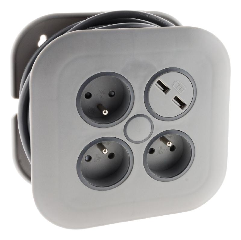Enrouleur domestique 3 prises 2P+T 16A + coupe-circuit thermique + 2 ports USB - Gris - 7 mètres - Zenitech_0