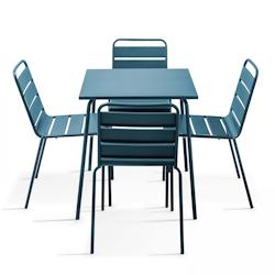 Oviala Business - Ensemble table de terrasse et 4 chaises en métal bleu pacific - acier thermolaqué, table inclinable et chaises empilables_0