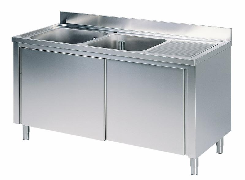 Plonge inox sur armoire, 2 bacs, égouttoir à droite, avec portes coulissantes, 1400x600 mm - SLA2GD1406_0