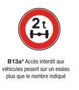 Signalisation d'interdiction type B13a* - Accès interdit aux véhicules selon poids par essieu_0