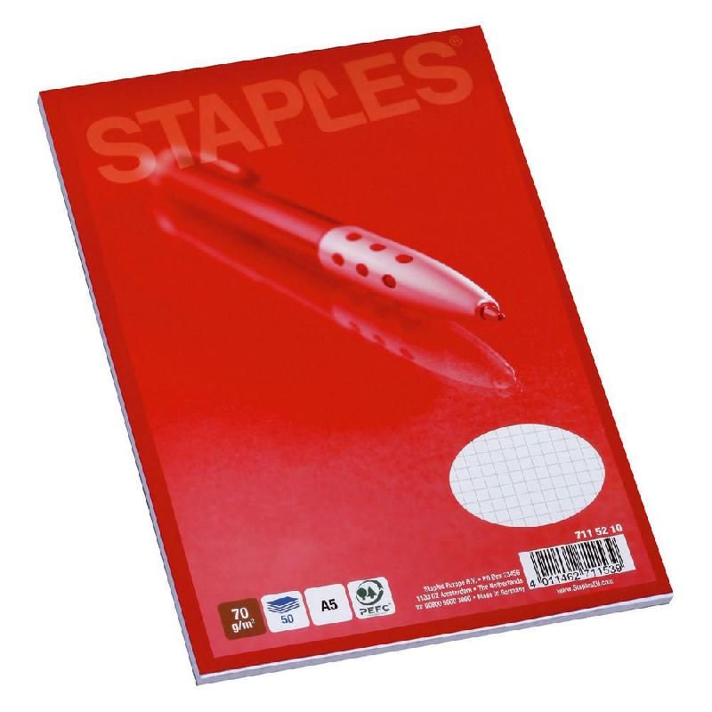 STAPLES BLOC-NOTES AGRAFÉ DIRECTION - FORMAT A5 (70 G/M2) - 50 PAGES NON PERFORÉES À PETITS CARREAUX - COULEURS ASSORTIES (PRIX À L'UNITÉ)