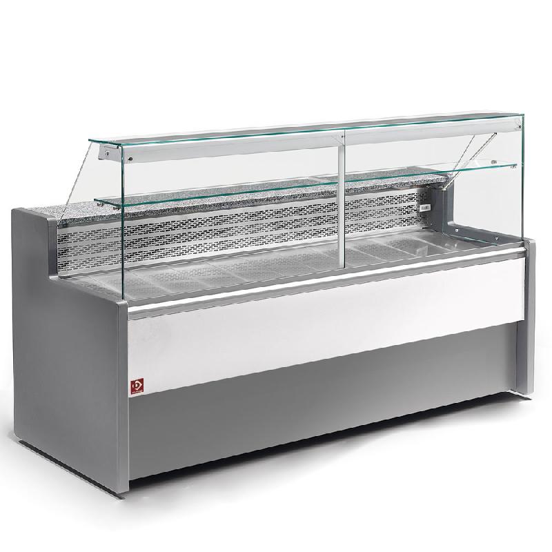 Vitrine presentation profondeur 800 positif à vitre droite 90° avec réserve gris/blanc 3000 mm de largeur - RO30/E8-R2_0